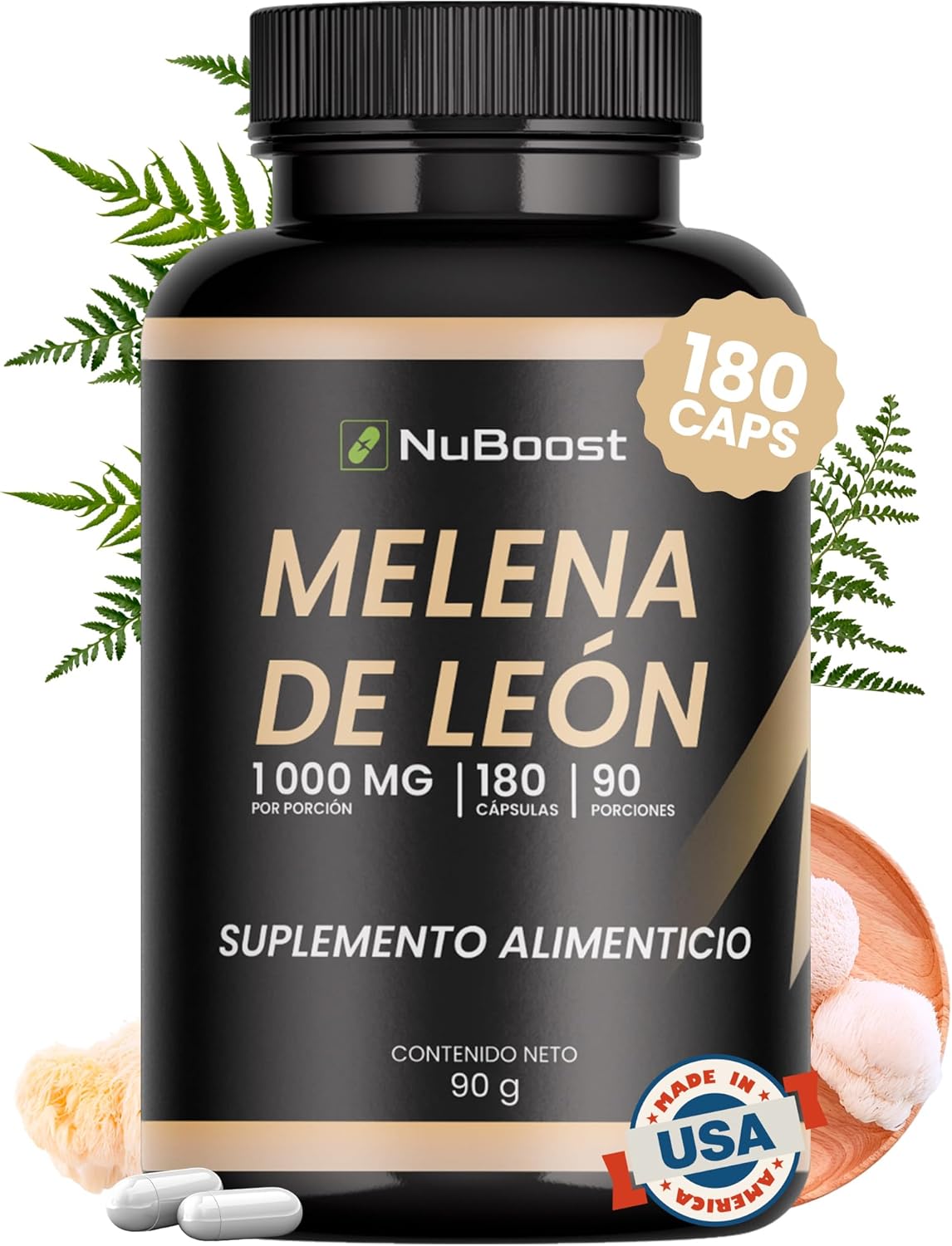 Melena de León Puro 180 Caps para 3 Meses de consumo - Hongo Melena de Leon - Lions Mane Capsules - MADE IN USA
