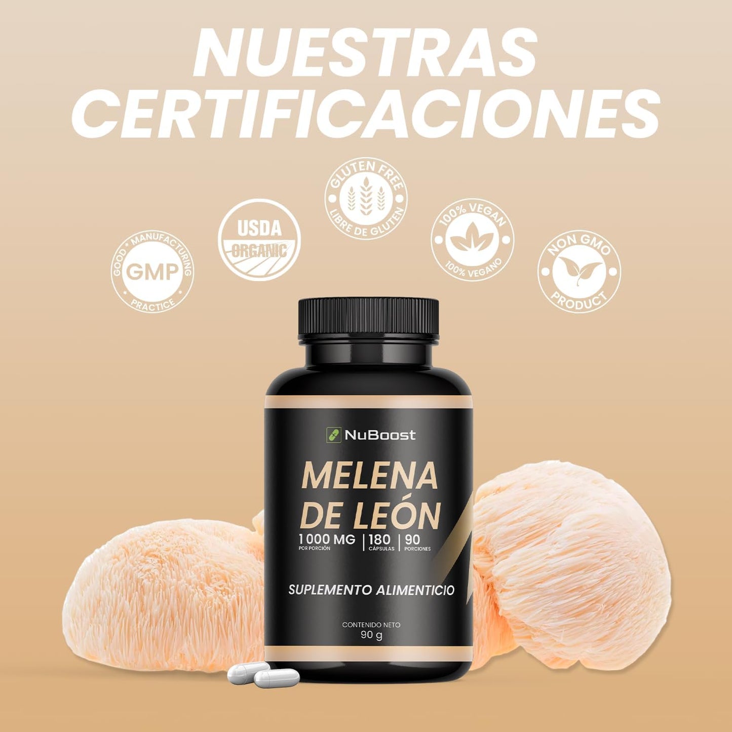 Melena de León Puro 180 Caps para 3 Meses de consumo - Hongo Melena de Leon - Lions Mane Capsules - MADE IN USA